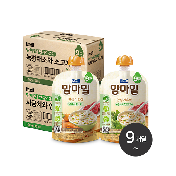맘마밀 안심이유식 2종 100g 20팩 (녹황채소와 소고기 10팩 + 시금치와 연근 10팩)