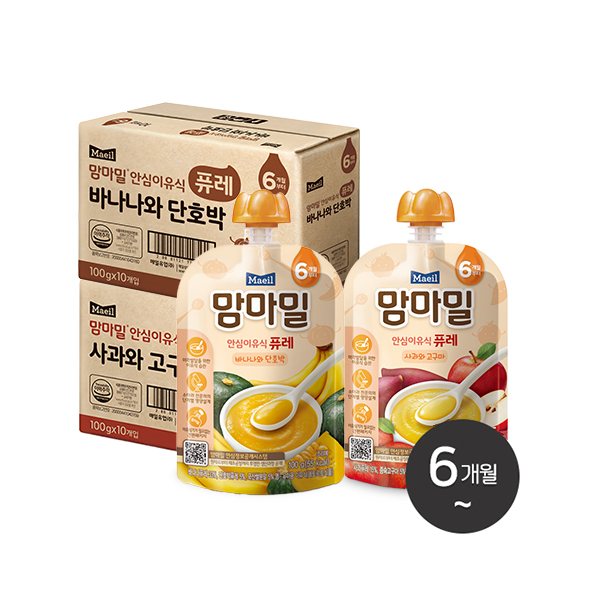 맘마밀 안심이유식 퓨레 100g 20팩 (사과와 고구마 10팩 + 바나나와 단호박 10팩)